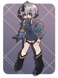 Rule 34 | 1girl, ahoge, arknights, bare legs, black eyeliner, black footwear, blue gloves, blue shirt, boots, breasts, eyeliner, full body, gloves, grey eyes, grey hair, grey jacket, hair behind ear, hair between eyes, headlamp, highres, jacket, knee cutout, looking at viewer, makeup, mayer (arknights), mayer (visionblazer in the courtyard) (arknights), medium breasts, nunnuje a u e, open mouth, shadow, shirt, short hair with long locks, simple background, solo, standing, thigh strap, yellow stripes
