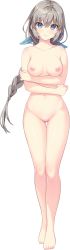 Rule 34 | 1girl, absurdres, arm grab, arms under breasts, barefoot, blue eyes, blush, braid, braided ponytail, completely nude, full body, highres, long hair, looking at viewer, matsuki ira, navel, no pussy, nude, official art, photoshop (medium), silver hair, solo, thigh gap, transparent background, tsurukonnyaku, umi to yuki no cyan blue