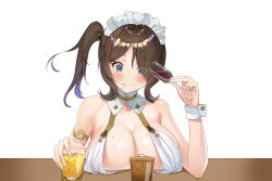 Rule 34 | 1girl, absurdres, areola slip, bare shoulders, blue eyes, breast rest, breasts, brown hair, champagne flute, cleavage, collarbone, cup, detached sleeves, drinking glass, highres, large breasts, mole, mole under eye, original, side ponytail, siha, smile, solo, table