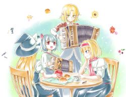 Rule 34 | 4girls, absurdres, accordion, alice margatroid, animal ears, apple, apron, black dress, black skirt, blonde hair, blouse, blue dress, blue eyes, blush, bow, bread, brown jacket, capelet, chair, cheese, chess piece, closed mouth, commentary request, cookie (touhou), cowboy shot, crepe, croissant, cup, dress, flower, food, frilled apron, frilled capelet, frills, from behind, fruit, green eyes, grey dress, grey hair, hair between eyes, hairband, hat, hat bow, head rest, highres, ichigo (cookie), instrument, jacket, joker (cookie), kirisame marisa, knight (chess), long hair, looking at another, looking at viewer, looking to the side, manatsu no yo no inmu, mixed-language commentary, mizuhashi parsee, mouse ears, mouse girl, multiple girls, music, nazrin, nyon (cookie), open mouth, plate, playing instrument, pointy ears, puffy short sleeves, puffy sleeves, red apple, red eyes, red hairband, red neckwear, shirt, short hair, short sleeves, singing, sitting, skirt, sleeveless, sleeveless dress, smile, standing, sunflower, suzu (cookie), tea, teacup, touhou, tsuno (nicoseiga11206720), waist apron, white apron, white bow, white capelet, white shirt, witch hat, yellow flower