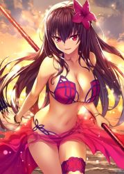 Rule 34 | 1girl, bikini, bracelet, breasts, cowboy shot, fate/grand order, fate (series), flower, gae bolg (fate), gluteal fold, hair between eyes, hair flower, hair ornament, halterneck, heirou, jewelry, kunai, large breasts, leaning forward, long hair, looking at viewer, navel, outdoors, pink bikini, pink eyes, purple hair, sarong, scathach (fate), scathach (fate), scathach (swimsuit assassin) (fate), smile, solo, swimsuit, thigh gap, thigh strap, weapon