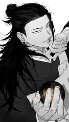 Rule 34 | 0hkkkk, 1boy, black hair, earrings, getou suguru, greyscale, hair bun, hand to own mouth, hands up, highres, holding, japanese clothes, jewelry, jujutsu kaisen, kesa, kimono, long hair, looking at viewer, male focus, monochrome, orb, parted lips, sideways glance, simple background, solo, spot color, stud earrings, teeth, white background, yellow eyes