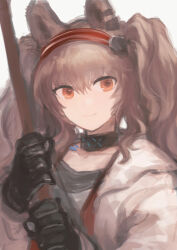 Rule 34 | 1girl, angelina (arknights), animal ears, arknights, black choker, black gloves, brown hair, choker, closed mouth, coat, fox ears, fox girl, gloves, hair between eyes, hairband, highres, holding, holding staff, long hair, long sleeves, looking at viewer, medium bangs, mogukk, open clothes, open coat, orange eyes, red hairband, simple background, smile, solo, staff, twintails, upper body, white background, white coat