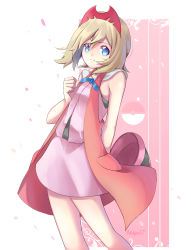 Rule 34 | 1girl, ashujou, bare arms, blonde hair, blue eyes, blue ribbon, clenched hand, closed mouth, commentary request, cosplay, creatures (company), dress, eyelashes, frown, game freak, hair between eyes, hand up, hat, highres, irida (pokemon), leaning, medium hair, neck ribbon, nintendo, pink dress, poke ball symbol, pokemon, pokemon (anime), pokemon legends: arceus, pokemon xy (anime), red hat, ribbon, serena (pokemon), serena (pokemon) (cosplay), sleeveless, solo, split mouth