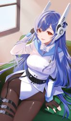 Rule 34 | 1girl, absurdres, blue hair, bow, bowtie, breasts, brown pantyhose, couch, girls&#039; frontline, hair between eyes, hexagram, highres, hoshikani, indoors, jacket, large breasts, leotard, long hair, long sleeves, looking at viewer, open mouth, pantyhose, red eyes, robot ears, side-tie leotard, sitting, smile, solo, star of david, sunlight, tar-21 (girls&#039; frontline), white bow, white leotard, window, yellow eyes