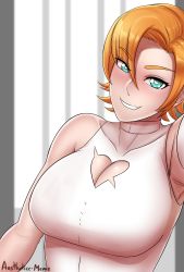 Rule 34 | 1girl, absurdres, aestheticc-meme, aqua eyes, bare shoulders, breasts, cleavage, cleavage cutout, clothing cutout, collarbone, heart, heart-shaped pupils, highres, large breasts, looking at viewer, nora valkyrie, orange hair, rwby, short hair, smile, solo, symbol-shaped pupils, upper body