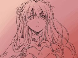Rule 34 | 1girl, :&lt;, dithering, frown, hair ornament, hairclip, kink (tortoiseshell), long hair, monochrome, neon genesis evangelion, pink background, pink theme, plugsuit, sepia, sketch, solo, souryuu asuka langley