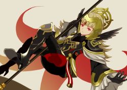 Rule 34 | 1girl, armor, armored boots, black armor, black gloves, boots, closed mouth, crown, fire emblem, fire emblem heroes, gloves, grey background, grey hair, hair ornament, holding, holding staff, long hair, long sleeves, red eyes, renkonmatsuri, shoulder armor, simple background, solo, staff, veronica (fire emblem)