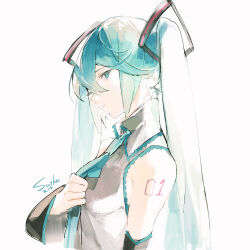Rule 34 | 1girl, absurdres, bare shoulders, black sleeves, blue eyes, blue hair, blue necktie, chinese commentary, closed mouth, collared shirt, commentary request, cui (jidanhaidaitang), dated, detached sleeves, eyelashes, from side, frown, hair between eyes, hair ornament, hatsune miku, highres, holding necktie, lace, lace-trimmed collar, lace-trimmed shirt, lace trim, long hair, long sleeves, looking at viewer, necktie, number tattoo, one eye closed, shirt, shoulder tattoo, signature, simple background, sleeveless, sleeveless shirt, solo, tattoo, twintails, upper body, vocaloid, white background, white shirt, wide sleeves