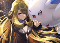 Rule 34 | 1girl, blonde hair, blush, breasts, closed mouth, coat, commentary request, creatures (company), cynthia (pokemon), eyelashes, floating hair, fur-trimmed coat, fur trim, game freak, gen 4 pokemon, glint, hair ornament, hair over one eye, hand up, highres, long hair, long sleeves, looking at viewer, nintendo, pokemon, pokemon (creature), pokemon dppt, smile, togekiss, yamanashi taiki