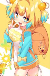 Rule 34 | + +, 1girl, backpack, bag, blonde hair, blue eyes, blue hair, blush, bombergirl, breasts, child, cowboy shot, fang, hair intakes, hand in pocket, highres, large breasts, long sleeves, looking at viewer, msp sammy, multicolored hair, open mouth, oppai loli, pine (bombergirl), pleated skirt, randoseru, short hair, short twintails, skirt, smile, solo, twintails, two-tone hair, v, yellow skirt