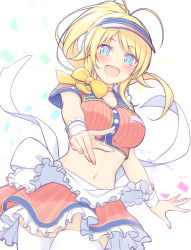 Rule 34 | 1girl, :d, antenna hair, bad id, bad pixiv id, blonde hair, blue eyes, blush, breasts, cleavage, crop top, frills, hachimiya meguru, idolmaster, idolmaster shiny colors, long hair, looking at viewer, midriff, mutsuba fumi, navel, necktie, open mouth, outstretched arm, ponytail, simple background, skirt, smile, solo, thighhighs, visor cap, white thighhighs, wrist cuffs, yellow eyes