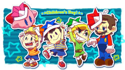 Rule 34 | 4boys, bad id, bad pixiv id, belt, black hair, blonde hair, blue eyes, brown hair, child, english text, facial hair, gloves, grin, hat, kirby, kirby (series), kodomo no hi, link, lucas (mother 3), male focus, mario, mario (series), mother (game), mother 2, mother 3, multiple boys, mustache, naco24, ness (mother 2), nintendo, origami, overalls, paper hat, paper kabuto, quiff, smile, super mario bros. 1, super smash bros., sweatdrop, the legend of zelda, the legend of zelda: the wind waker, toon link
