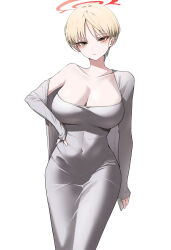 Rule 34 | 1girl, absurdres, alternate costume, blonde hair, blue archive, blush, breasts, cellphone, cleavage, closed mouth, covered navel, dongtan dress, dress, grey dress, halo, hand on own hip, highres, holding, holding phone, large breasts, long sleeves, looking at viewer, marina (blue archive), meme attire, mutsuru (omotta yori), off shoulder, orange eyes, phone, short hair, simple background, sleeves past wrists, smartphone, solo, taut clothes, taut dress, white background