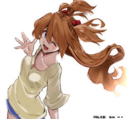 Rule 34 | 1girl, bare legs, blue eyes, breasts, brown hair, dated, floating hair, highres, interface headset, long hair, looking at viewer, medium breasts, neon genesis evangelion, one eye closed, open mouth, salute, short twintails, shorts, simple background, smile, solo, souryuu asuka langley, twintails, two side up, very long hair, white background, wink, yagisawa teru