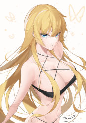 Rule 34 | 1girl, aqua eyes, artist name, bare shoulders, bikini, black bikini, blonde hair, blunt bangs, breasts, bug, butterfly, cleavage, collarbone, commentary, dated, floating hair, from above, hair between eyes, highres, insect, large breasts, long hair, looking at viewer, navel, original, parted lips, signature, simple background, solo, stomach, swimsuit, translucent hair, unel, very long hair, white background