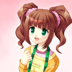 Rule 34 | 00s, 1girl, bad id, bad pixiv id, brown hair, dot nose, female focus, gradient background, green eyes, hair ornament, hair scrunchie, hand up, idolmaster, idolmaster (classic), idolmaster 1, long sleeves, looking at viewer, open mouth, raglan sleeves, scrunchie, short hair, simple background, solo, takatsuki yayoi, totokichi, twintails, upper body