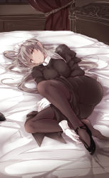 Rule 34 | 1girl, ass, bed, black dress, black pantyhose, canopy bed, dress, gloves, highres, long hair, lying, maid, maid headdress, on bed, on side, original, pantyhose, pointy ears, red eyes, silver hair, solo, touma kisa, very long hair, white gloves