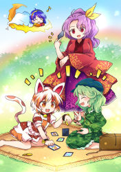 Rule 34 | 4girls, :d, ^ ^, animal ears, barefoot, bell, blue hair, blue headwear, blue sky, box, brown hair, calico, cape, card, cat ears, closed eyes, coin, dress, eighth note, fang, flat cap, goutokuji mike, green hair, green jacket, green skirt, hair ribbon, hairband, hat, holding, holding card, holding coin, jacket, komakusa sannyo, long sleeves, looking at another, lying, multicolored clothes, multicolored hair, multicolored hairband, multicolored shirt, multicolored skirt, multicolored tail, multiple girls, musical note, neck bell, on stomach, open mouth, orange eyes, orange hair, outdoors, plant, pocket, ponytail, pote (ptkan), purple dress, purple hair, red eyes, red robe, ribbon, robe, sandals, seiza, short hair, short sleeves, shorts, sitting, skirt, sky, slit pupils, smile, standing, tail, tenkyuu chimata, touhou, unconnected marketeers, white cape, white hair, wide sleeves, yamashiro takane, yellow ribbon