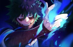 Rule 34 | arm up, black hair, blue eyes, blue fire, boku no hero academia, bui (buupopopopopo), burn scar, close-up, dabi (boku no hero academia), ear piercing, fire, high collar, highres, looking ahead, multiple scars, nose piercing, open hand, piercing, pyrokinesis, scar, solo, stapled, v-neck