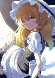 Rule 34 | 1girl, apron, back bow, black hat, black skirt, black vest, blonde hair, blush, bow, braid, commentary, frilled apron, frilled hat, frills, from behind, grin, hair bow, hat, kirisame marisa, long hair, looking at viewer, looking back, neck ribbon, pink ribbon, puffy short sleeves, puffy sleeves, ribbon, shirt, short sleeves, single braid, sitting, skirt, smile, solo, touhou, vest, waist apron, white apron, white background, white bow, white shirt, witch hat, y kirisame sk, yellow eyes