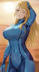 Rule 34 | 1girl, amayo thranana, arm above head, arm up, blonde hair, blue bodysuit, bodysuit, breasts, commentary, covered navel, green eyes, hair down, hand on own head, highres, large breasts, long hair, looking at viewer, metroid, mole, mole under mouth, nintendo, parted lips, samus aran, seductive smile, skin tight, sky, smile, solo, sunset, symbol-only commentary, yellow sky, zero suit
