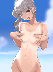 Rule 34 | 1girl, areola slip, beach, blush, breasts, cloud, collarbone, covering privates, covering nipples, day, dytm, highres, long hair, looking at viewer, navel, nude, one-piece tan, open mouth, original, out-of-frame censoring, outdoors, purple eyes, side ponytail, silver hair, sky, small breasts, smile, solo, standing, tan, tanline, tongue, tongue out