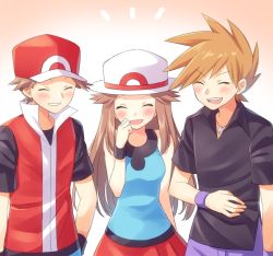 Rule 34 | 1girl, 2boys, :d, blue oak, blue shirt, blush, brown hair, closed eyes, collared shirt, commentary request, creatures (company), eyelashes, game freak, hand up, happy, hat, jewelry, leaf (pokemon), multiple boys, necklace, nintendo, notice lines, open mouth, pants, parted lips, pokemon, pokemon frlg, purple pants, red (pokemon), red headwear, red skirt, scbstella, shirt, short hair, short sleeves, skirt, sleeveless, sleeveless jacket, sleeveless shirt, smile, spiked hair, t-shirt, teeth, tongue, upper teeth only, white headwear, wristband