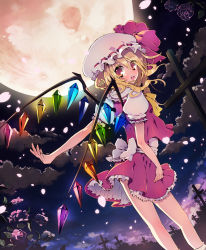 Rule 34 | 1girl, 80ne80ne, blonde hair, dutch angle, female focus, flandre scarlet, flower, full moon, glowing, grave, hat, looking back, moon, night, one side up, orange eyes, outstretched hand, petals, petticoat, ponytail, red eyes, rose, rugo, short hair, side ponytail, smile, solo, touhou, wings