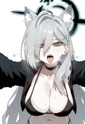 Rule 34 | 1girl, ahoge, animal ear fluff, animal ears, bikini, black bikini, black choker, black halo, black jacket, blue archive, breasts, broken halo, choker, cleavage, collarbone, commentary, cross, cross hair ornament, fangs, grey eyes, grey hair, hair ornament, halo, hands up, heavy breathing, highres, inverted cross, jacket, large breasts, long sleeves, navel, reaching, reaching towards viewer, semu (zgom1251129), shiroko (blue archive), shiroko terror (blue archive), solo, sweat, swimsuit, teeth, tongue, tongue out, upper body, upper teeth only, wolf ears, wolf girl