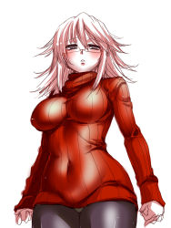 Rule 34 | 1girl, blush, breasts, covered navel, glasses, impossible clothes, impossible shirt, long hair, looking at viewer, no pants, original, pantyhose, pink hair, ribbed sweater, shirt, simple background, sketch, solo, sweater, tokita monta, turtleneck, white background