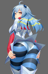 Rule 34 | 1girl, absurdres, ahoge, ass, back, black pantyhose, blonde hair, blue hair, blue panties, blue thighhighs, boots, breasts, cowboy shot, curvy, eyelashes, from behind, grey background, guts seijin, hair ornament, hands on own thighs, heart, heart-shaped pupils, highres, huge ass, large breasts, lips, long hair, long sleeves, looking at viewer, looking back, medium breasts, multicolored eyes, multicolored hair, panties, panties over pantyhose, pantyhose, personification, redauto, simple background, sleeves past wrists, solo, streaked hair, striped clothes, striped pantyhose, striped thighhighs, symbol-shaped pupils, thick thighs, thigh boots, thighhighs, thighs, ultra kaijuu gijinka keikaku, ultra series, ultraseven (series), underwear, upskirt, wide hips, yellow eyes