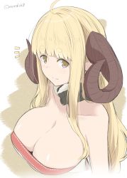 Rule 34 | 1girl, ahoge, anila (granblue fantasy), blonde hair, blunt bangs, blush, breasts, cleavage, collarbone, draph, fur trim, granblue fantasy, horns, kichihachi, large breasts, long hair, looking at viewer, sheep horns, short eyebrows, simple background, sketch, smile, solo, thick eyebrows, upper body, white background, yellow eyes