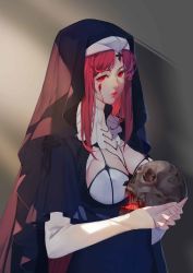 Rule 34 | 1girl, absurdres, black dress, blood, breasts, budinger, cleavage, cleavage cutout, clothing cutout, cross, dress, eyelashes, fingernails, habit, high collar, highres, holding, holding skull, large breasts, long fingernails, long sleeves, looking at viewer, nun, original, red eyes, red hair, skull, slit pupils, solo, upper body