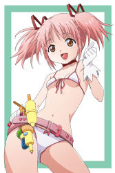 Rule 34 | 10s, 1girl, amano yo-ki, belly, belt, bikini, breasts, brown eyes, gloves, highres, kaname madoka, mahou shoujo madoka magica, mahou shoujo madoka magica (anime), navel, pink hair, short hair, short twintails, small breasts, solo, swimsuit, twintails, water gun