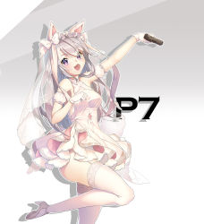 Rule 34 | 1girl, animal ears, bow, commentary request, dress, girls&#039; frontline, gun, handgun, highres, long hair, looking at viewer, official alternate costume, p.p (operson nangko), p7 (girls&#039; frontline), p7 (pinky swear) (girls&#039; frontline), panties, pistol, purple hair, solo, thighhighs, underwear, weapon, white background, white hair, white thighhighs