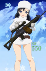 Rule 34 | 1girl, absurdres, assault rifle, black hair, blue eyes, coat, fur coat, fur hat, gun, gun sling, hat, highres, legs, mittens, mountain, open mouth, pointing, pointing at viewer, product placement, rifle, scope, screencap, sg550 (upotte!!), sig sauer, sig sg550, smile, snowflakes, stitched, third-party edit, upotte!!, weapon