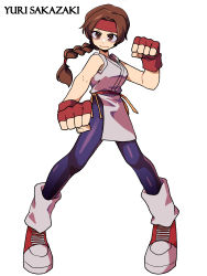 Rule 34 | 1girl, absurdres, braid, breasts, brown eyes, brown hair, character name, clenched hands, commentary, dougi, fighting stance, fingerless gloves, full body, gloves, gomulgong, groin, hair intakes, headband, highres, long hair, loose socks, low-tied long hair, medium breasts, multicolored footwear, pelvic curtain, red footwear, red gloves, red headband, sash, shoes, simple background, single braid, sleeveless, sneakers, socks, solo, standing, the king of fighters, white background, white footwear, white socks, yuri sakazaki