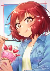 Rule 34 | + +, 1girl, :q, blue sky, blush, brown eyes, collarbone, commentary request, food, food on face, fruit, gojarun, highres, holding, holding food, holding spoon, ice cream, idolmaster, idolmaster cinderella girls, idolmaster cinderella girls starlight stage, jacket, murakami tomoe, open clothes, open jacket, red hair, shirt, short hair, sky, solo, sparkle, sparkling eyes, spoon, strawberry, tongue, tongue out, upper body
