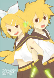 Rule 34 | 1boy, 1girl, blonde hair, blue eyes, brother and sister, detached sleeves, kagamine len, kagamine rin, locked arms, poripori, siblings, simple background, twins, vocaloid