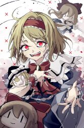 Rule 34 | 1girl, absurdres, alice margatroid, blonde hair, bow, bowtie, capelet, commentary request, doll, frilled hairband, frills, hair bow, hairband, highres, hira-san, kirisame marisa, long sleeves, looking at viewer, open mouth, red bow, red bowtie, red eyes, red hairband, short hair, solo, tearing up, touhou, tuyu (band), white background, white capelet
