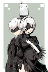 Rule 34 | 1boy, 1girl, absurdres, android, back-to-back, black dress, black jacket, blindfold, ctpt9r, dress, gloves, hand on own chest, highres, jacket, looking back, nier (series), nier:automata, pod (nier:automata), robot, short hair, white hair, 2b (nier:automata), 9s (nier:automata)