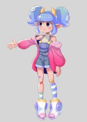 Rule 34 | 1girl, absurdres, asymmetrical legwear, bandaid, bandaid on leg, belt, black eyes, blue belt, blue eyes, blue hair, blue overalls, blue shorts, blue socks, blunt bangs, commentary, concept art, english commentary, freckles, frown, full body, giwi, gradient eyes, green socks, grey background, hackerling, high collar, highres, horns, indie virtual youtuber, jacket, light blush, looking to the side, marking on cheek, monster girl, multicolored clothes, multicolored eyes, multicolored legwear, multicolored nails, nail polish, official art, open clothes, open hand, open jacket, outstretched arm, overalls, pale skin, pink jacket, pointy ears, rubberninja, shirt, shoes, short twintails, shorts, sidelocks, simple background, sketch, sleeveless, sleeveless shirt, socks, solo, star (symbol), striped clothes, striped socks, suction cups, tentacle hair, twintails, virtual youtuber, white footwear, white shirt, white socks, yellow horns