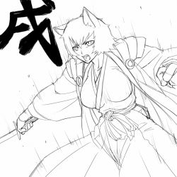 Rule 34 | 00s, 1girl, animal ears, bleach, breasts, gender request, genderswap, greyscale, huge breasts, japanese clothes, komamura sajin, large breasts, monochrome, mosha, open mouth, short hair, solo, sword, weapon, wolf ears