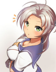 Rule 34 | 10s, 1girl, :o, ^^^, antenna hair, between breasts, black gloves, blush, breast hold, breasts, collarbone, downblouse, gloves, gradient background, green eyes, grey background, grey hair, kantai collection, kinugasa (kancolle), long hair, looking at viewer, looking up, maku ro, medium breasts, neckerchief, open mouth, school uniform, serafuku, shirt, short sleeves, solo, tareme, upper body, white shirt