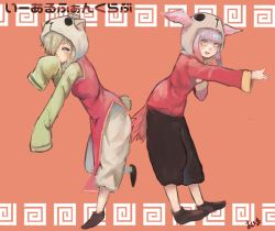 Rule 34 | 10s, 2girls, :d, alpaca ears, alpaca suri (kemono friends), alpaca tail, alternate costume, animal ears, bird tail, blonde hair, blue eyes, blunt bangs, blush, china dress, chinese clothes, dress, ears through headwear, full body, gradient hair, gumi, hair over one eye, hand on own chest, hand to own mouth, head wings, highres, hood, horizontal pupils, japanese crested ibis (kemono friends), kagamine rin, kajitsu ohima, kemono friends, leaning forward, long hair, long sleeves, looking at viewer, multicolored hair, multiple girls, open mouth, outstretched arm, pants, pants under dress, red eyes, shoes, side slit, silver hair, simple background, sleeves past fingers, sleeves past wrists, smile, standing, standing on one leg, tail, vocaloid, wings, yellow eyes