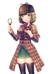 Rule 34 | 1girl, black thighhighs, blonde hair, blue eyes, blush, bow, breasts, candy, capelet, chocolate, chocolate bar, cowboy shot, deerstalker, detective, food, food on face, green skirt, hands up, hat, highres, holding, holding food, large breasts, looking at viewer, magnifying glass, original, plaid, plaid headwear, pleated skirt, red bow, short hair, simple background, skirt, smile, solo, sparkle, suihei sen, thighhighs, white background, zettai ryouiki