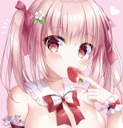 Rule 34 | 1girl, collar, covered mouth, detached collar, flower, food, frilled collar, frills, fruit, hair flower, hair ornament, hair ribbon, highres, holding, holding food, holding fruit, kohinata hoshimi, original, pink background, pink eyes, pink hair, pink ribbon, red ribbon, ribbon, solo, strawberry, topless, twintails, upper body
