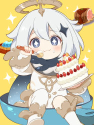 Rule 34 | 1girl, blue eyes, blush, cake, cape, closed mouth, commentary request, eating, food, food on face, genshin impact, hair ornament, halo, hand up, long sleeves, looking at viewer, mitsuki meia, paimon (genshin impact), plate, short hair, simple background, sitting, smile, solo, star-shaped pupils, star (symbol), star hair ornament, symbol-shaped pupils, white background, white hair, yellow background