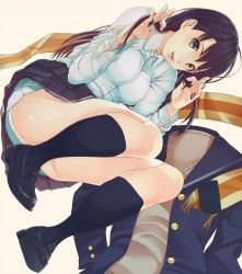 Rule 34 | 1girl, :d, amagami, ass, ayatsuji tsukasa, black eyes, black hair, black socks, blazer, breasts, brown hair, buttons, clothes lift, unworn clothes, collared shirt, convenient censoring, convenient leg, dress shirt, fringe trim, full body, twirling hair, happy, highres, jacket, kneehighs, large breasts, lips, loafers, long sleeves, lying, no panties, on side, open clothes, open jacket, open mouth, pleated skirt, santa (sunflower), scarf, school uniform, shirt, shoes, simple background, skirt, skirt lift, smile, socks, solo, sweater, sweater vest, thighs